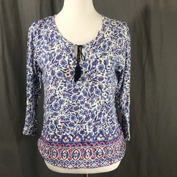 Lucky Brand Blue Floral Tassle Peasant Top M - Picture 2 of 6